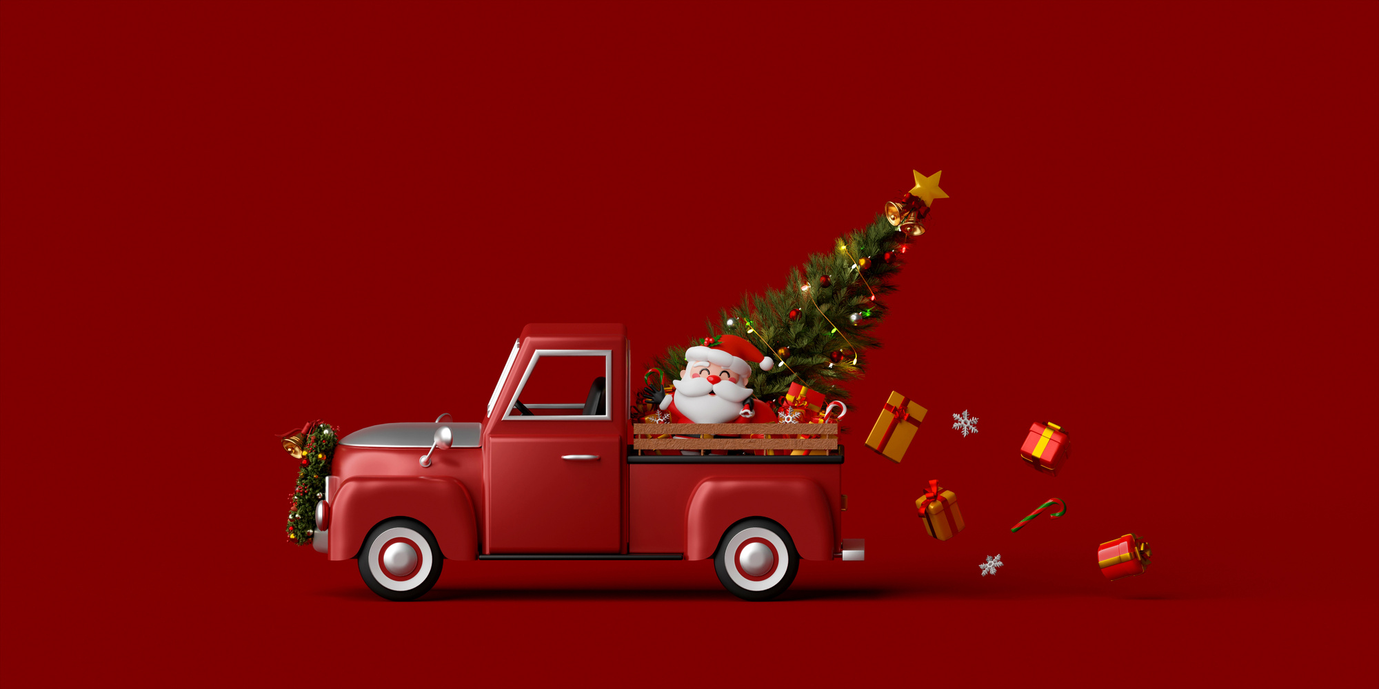 3d illustration Christmas banner Santa Claus on Christmas truck